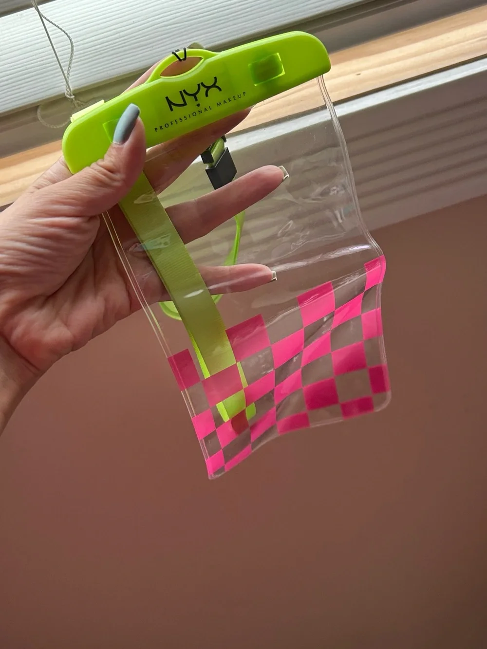 NYX Neon Green & Hot Pink Clear Checkered Waterproof Phone Holder